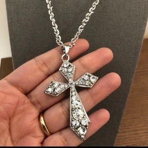 Silver plated Crystal cross pendant long necklace NWOT